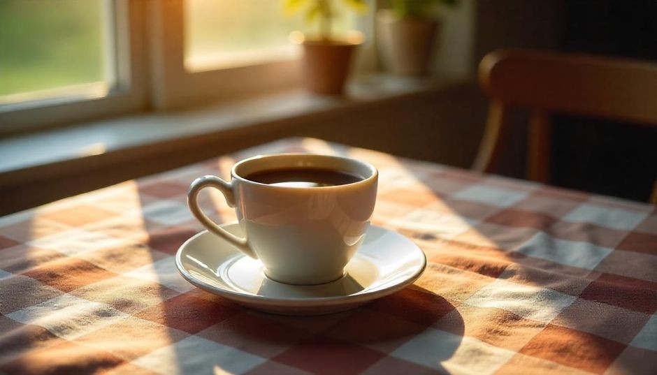 Secangkir kopi hitam hangat di atas meja kayu dengan pancaran sinar matahari pagi