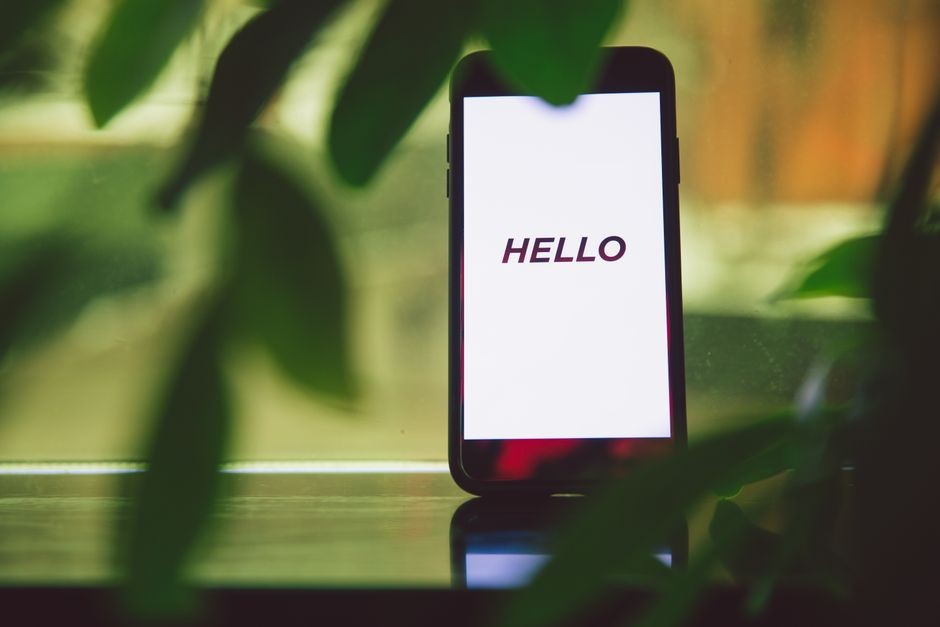 Smartphone dengan ucapan 'Halo' di layar dikelilingi oleh daun hijau, menciptakan suasana segar dan paham teknologi.