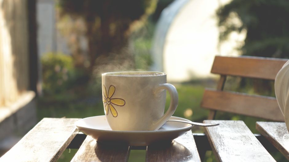 Cangkir kopi pagi di meja dengan suasana masih pagi (cover)