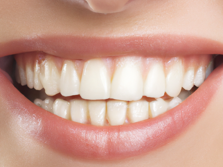 Sebuah close-up detail dari set gigi putih yang sempurna dan bibir dalam senyuman cerah.