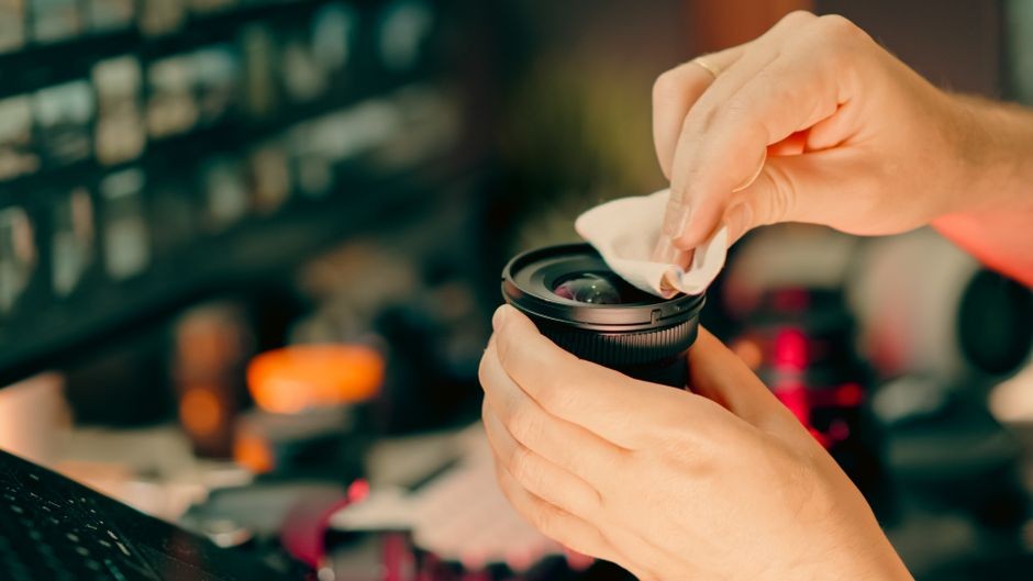 Tampilan dekat tangan sedang membersihkan lensa kamera DSLR dengan kain mikrofiber di dalam ruangan.
